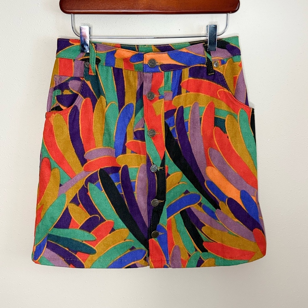 FARM Rio x Anthropologie Corduroy Mini Skirt Size S Button Front Tropical Print - Picture 2 of 8